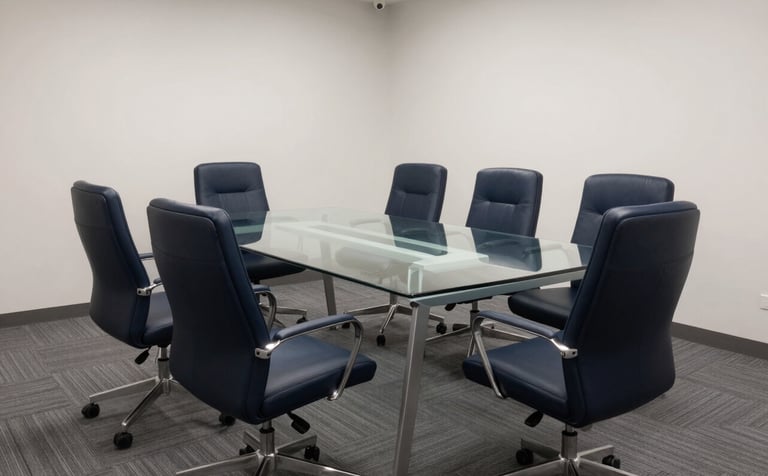 Photography of a modern boardroom in Lahore with clean lines and ergonomic dark navy blue chairs around a glass table. The atmosphere is professional and quiet, with a palette of slate grey and soft off-white.