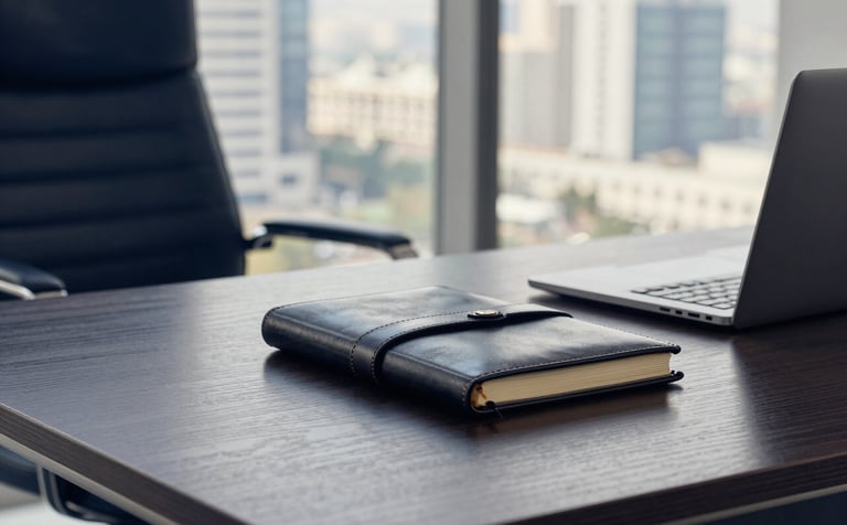 Professional photography of a minimalist, high-end executive office in Lahore. A dark wood desk holds a leather-bound notebook and a laptop, with a blurred view of a modern cityscape in the background. The scene is lit with cool, professional daylight, incorporating dark navy blue and soft off-white tones.