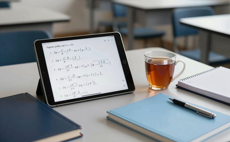 A modern, well-lit urban study room in a South Asian academic context. A digital tablet rests on a table displaying complex mathematical equations, next to a ceramic cup of tea and organized study materials in dark navy and light blue.