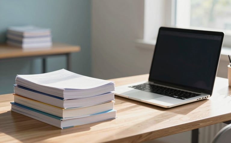 A bright, professional home study space in a South Asian academic setting. A wooden desk holds neatly stacked accounting textbooks and a modern laptop. Soft morning sunlight filters through a window, creating an atmosphere of focused learning. The color palette features off white and light blue tones.