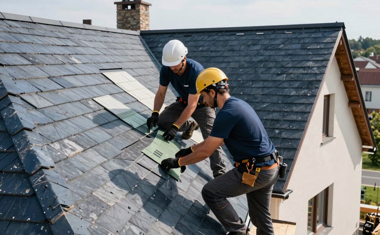 Professional photography of a high-end roofing project in a Central European residential area. Skilled roofers are meticulously laying slate tiles on a steep roof. Bright, natural daylight highlights the textures of the materials. The atmosphere is professional and safe. The palette features dark blue and off-white tones.