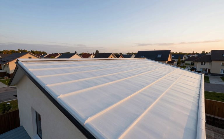 A wide-angle landscape photograph of a perfectly clean and insulated roof on a Central European suburban home. The roof looks brand new after professional maintenance and cleaning. Soft evening light reflects off the off-white and medium blue tones of the scene, creating a feeling of reliability and trust.