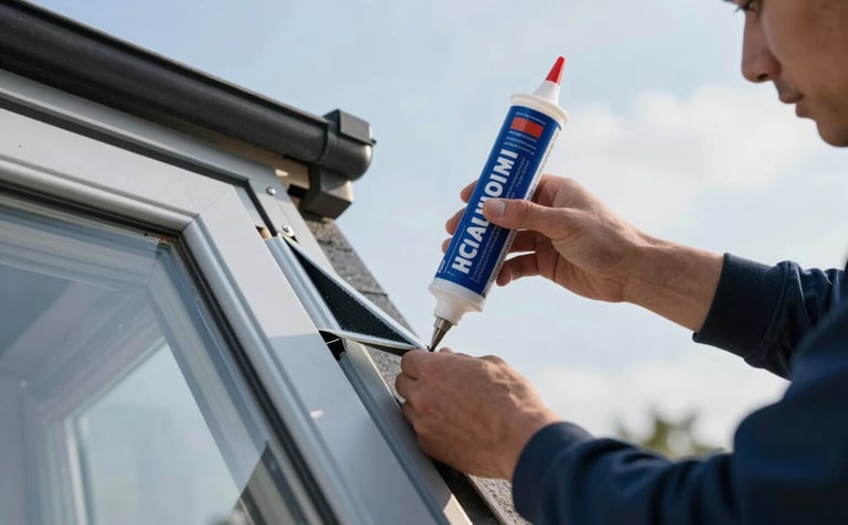 A close-up photograph showing the expert sealing of a roof window against humidity, focusing on precision and craftsmanship. The setting is a classic French house under a clear sky. Professional tools and high-quality sealant are visible. The scene uses colors like medium blue and light blue-grey.
