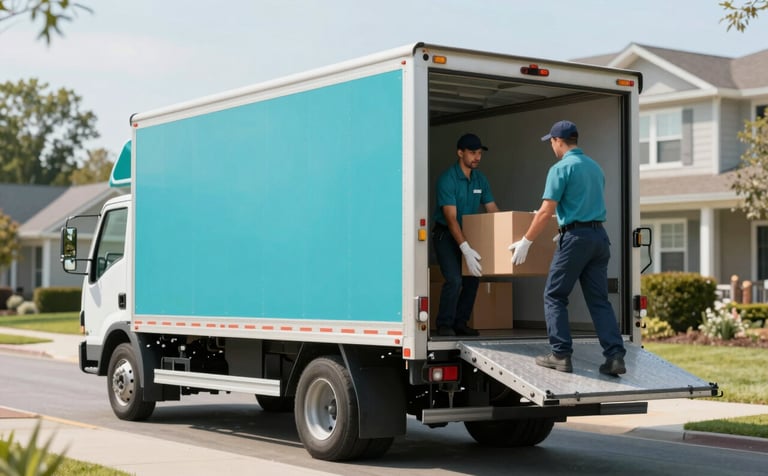 Professional residential moving truck with an open ramp, parked in a tidy suburban neighborhood. Professional movers in clean uniforms are handling boxes with care. Bright daylight, emphasizing reliability and safety, using #3F5B6F and #A4B7C4 tones.