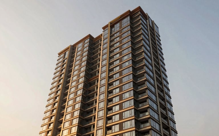 Wide-angle architectural photograph of a luxury residential high-rise in Noida at golden hour. The building features contemporary Indian design with glass and steel. The lighting is warm and inviting, highlighting the premium quality of the construction. Sky is a soft off-white and charcoal gradient.