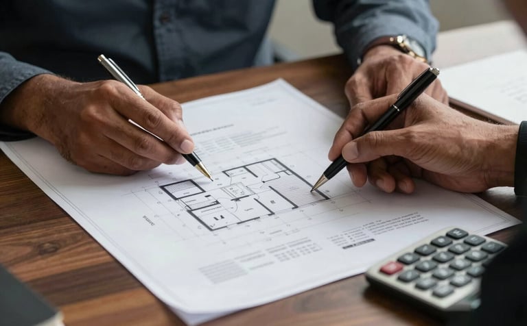 Close-up of South Asian professional hands carefully reviewing architectural blueprints and legal property documents on a dark wood desk. A classic pen and high-end calculator are visible. The atmosphere is trustworthy and serious, with warm indoor lighting and light gray background elements.