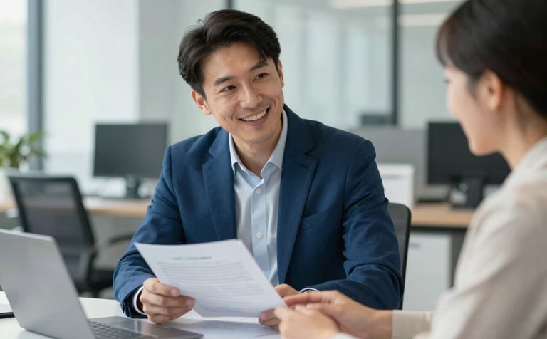 A professional and friendly consultant in a modern office with accents of #3A6F8B, explaining a document to a smiling client. The lighting is soft and natural, reflecting a humanized and approachable service. High-quality corporate photography style.