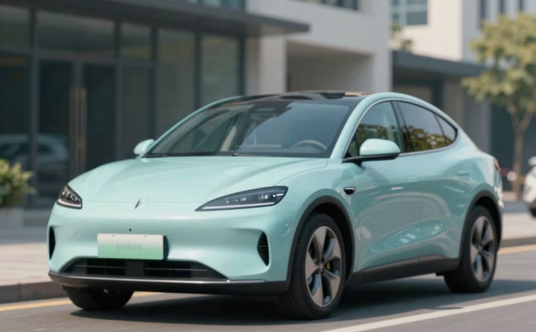 A modern car parked in a bright, sunlit urban street, symbolizing mobility and freedom. The shot is clean and professional, with cool tones of #B6DDE5 and #3A6F8B, emphasizing reliability and efficiency.