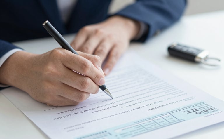 A close-up shot of a hand signing an official tax document on a clean, organized desk. A silver car key is visible in the background with a soft bokeh effect. Colors include deep navy #0F1C2E and steel blue #3A6F8B accents.