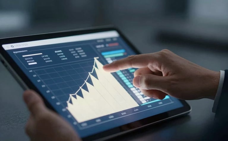 A close-up shot of an executive hand pointing at a glowing digital tablet displaying growth metrics and revenue graphs. The atmosphere is authoritative and forward-thinking, using deep blues (#0D1B2A) and crisp highlights in off-white (#E0E1DD).