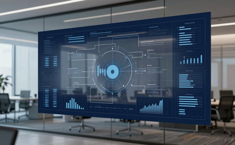 A sophisticated, high-end office interior featuring a glass wall covered in data-driven flowcharts and market trends. The lighting is cool and professional, incorporating the brand's navy (#0D1B2A) and muted blue (#778DA9) palette. Minimalist aesthetic.