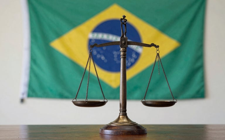 A symbolic photograph of the scales of justice sitting on a mahogany table, with the Brazilian Constitution in the background. Lighting is soft, highlighting dark charcoal teal and pale mist colors.