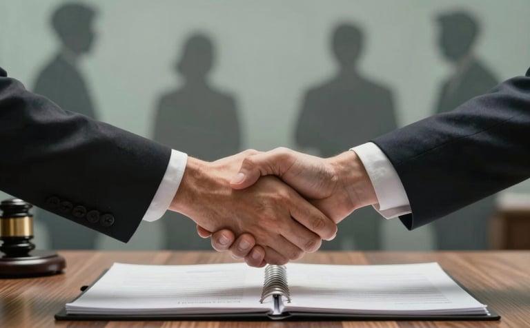 A powerful image showing two hands shaking over a wooden desk with a legal folder. The background features blurred silhouettes of workers, in a soft greyish teal and muted sage tone.