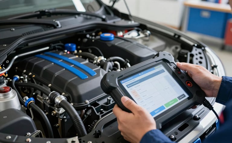 A close-up, professional photograph of a well-maintained vehicle engine in a modern, clean garage. A technician's hand is visible holding a digital diagnostic tablet. The lighting is bright and even, featuring professional blue accents on the tools and equipment.
