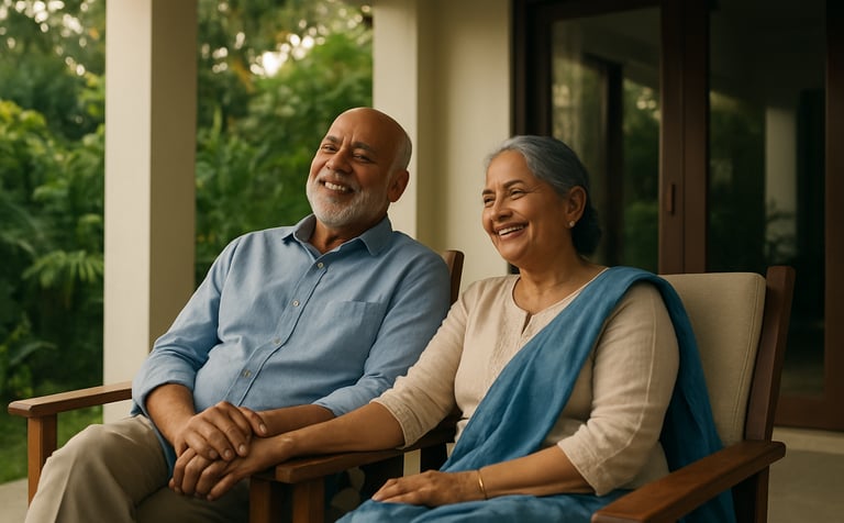 A retired South Asian couple happily relaxing on a veranda of a modern Indian home, surrounded by lush greenery. The lighting is warm and soft, conveying financial peace and security. Colors include off-white and medium blue tones.