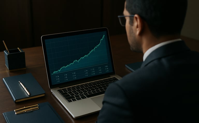 An over-the-shoulder shot of a South Asian professional using a laptop to display high-growth mutual fund SIP charts. The surrounding environment is a professional, high-end Indian corporate setting with dark blue and gold stationery.