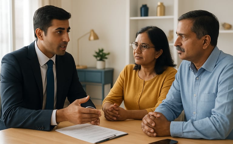 A South Asian professional consultant in a sharp suit discussing life insurance policies with a middle-aged Indian couple in a bright, modern office. The scene is lit with natural morning light, featuring a clean aesthetic with gold and medium blue accents in the decor.