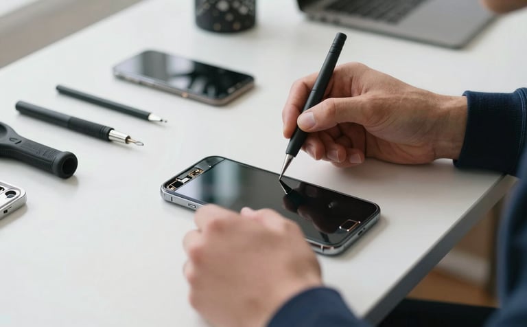 A close-up photograph of professional hands using precision tools to replace a smartphone screen on a clean white desk. The setting is a bright, modern Northern European home office. Soft natural light, professional tools organized neatly. Colors include dark blue and light grey.