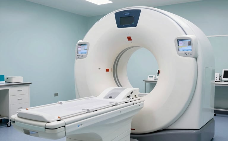 Detailed photography of a modern MRI scanner in a bright, clean medical imaging suite. The atmosphere is clinical yet reassuring, with light blue and white color schemes typical of a French private hospital.