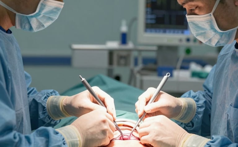 A high-end, modern operating room in a Western European French clinic, featuring advanced medical technology, clean sterile surfaces, and a professional atmosphere with soft lighting in shades of ocean blue and white.