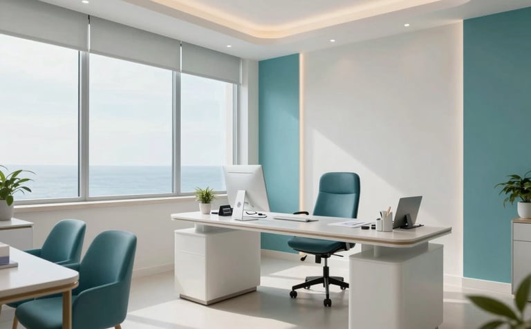 A bright and elegant consultation office in a French medical clinic. A professional setting with natural light, clean lines, and a sense of trust, featuring ocean blue accents and modern furniture.