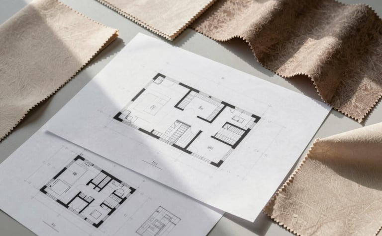 A top-down view of a designer's workspace in a North American studio. On a light gray surface, detailed architectural 2D floor plans are spread out next to fabric swatches in sand beige and muted brown tones. Professional, sophisticated artistry, clean morning light.