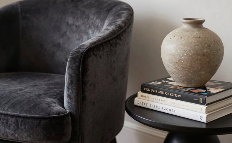 A close-up photograph of a beautifully curated interior in a North American home. A refined charcoal velvet chair sits next to a side table with sophisticated art books and a sand-colored ceramic vase. The mood is premium and artistic with soft, natural depth.