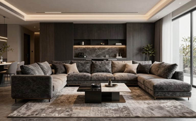 A high-end 3D photorealistic rendering of a modern North American living room. The scene showcases sophisticated charcoal and sand-colored furniture, precise architectural details, and cinematic ambient lighting that highlights textures and depth.