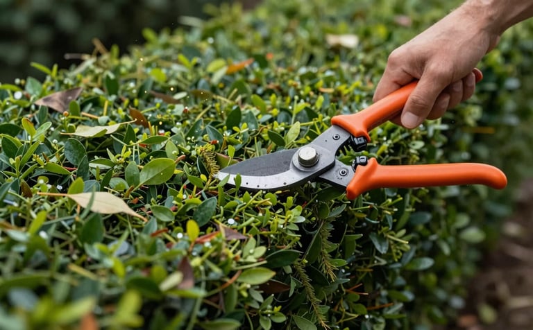 A close-up photograph of professional landscaping shears sculpting a dense, deep forest green hedge into a sharp, straight line. Flecks of cut leaves are in the air. The style is focused and highlights expertise.