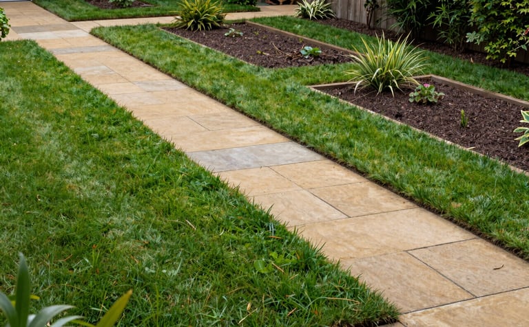 A wide-angle landscape photograph of a fully transformed yard. It features rich, healthy green grass, a clean earthy tan stone path, and organized garden beds with no weeds. The composition is balanced and projects a sense of hassle-free luxury.