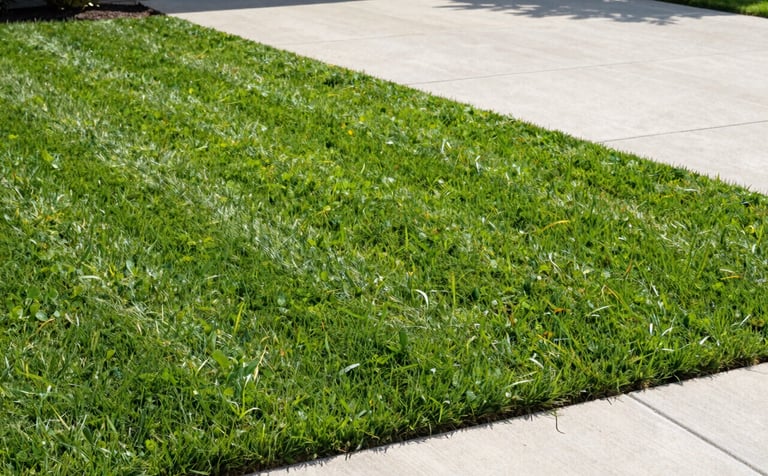 A high-angle professional photograph of a residential lawn featuring perfectly straight, diagonal mow lines in vibrant leaf green grass. The lighting is clear afternoon sun, emphasizing the sharp edges against a clean concrete driveway. Modern and precise style.