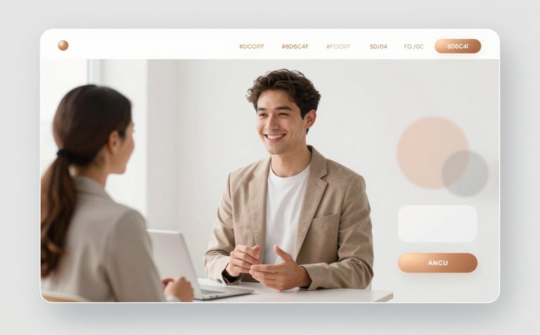A clean, modern interface showing a friendly AI assistant interacting with a user. The design is sleek with glassmorphism effects, featuring #8D6C4F golden copper accents and a soft #F8F8F8 background. Professional, supportive mood.