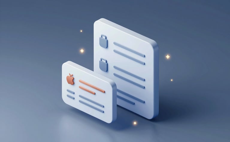 A sophisticated 3D isometric visualization of a digital inbox being organized by golden light particles. Clean, modern Apple-style aesthetic with soft shadows and high-key lighting. Incorporates hints of #5C7C8B slate blue and #8D6C4F copper. Minimalist and professional.