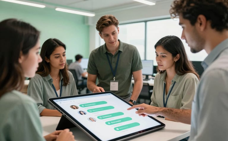 An innovative team in a Latin American / Spanish tech startup hub discussing an AI chatbot flow on a large digital tablet, bright and professional lighting with Soft Seafoam Green accents.
