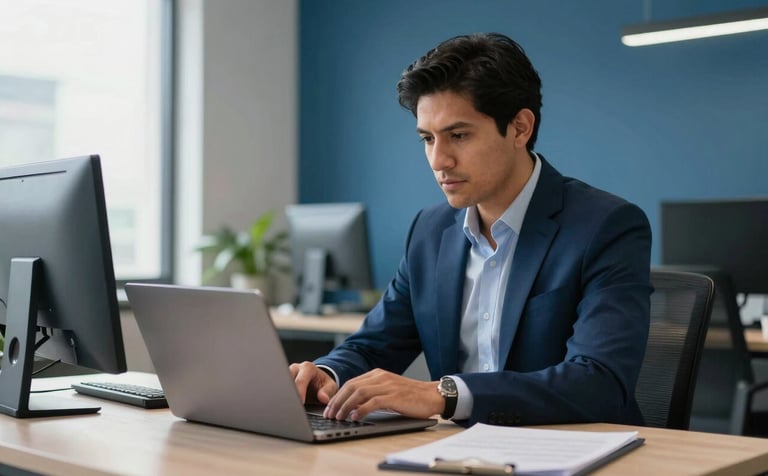 A professional working on a laptop in a modern Latin American / Spanish office setting, soft morning light, showing a clean workspace with Business Blue and Deep Navy Blue decor accents, focusing on productivity and digital growth.