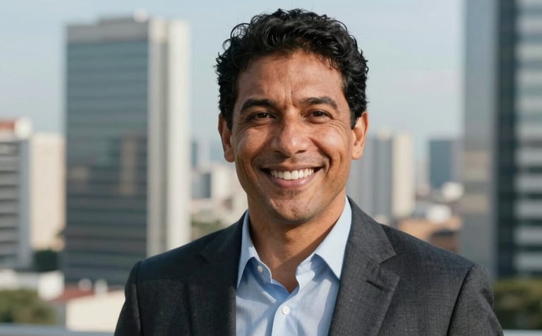 Close-up of a confident South American professional smiling in a high-rise office in a Brazilian city like Curitiba. The background shows a blurred cityscape during a clear day. Professional attire, trustworthy and encouraging expression.