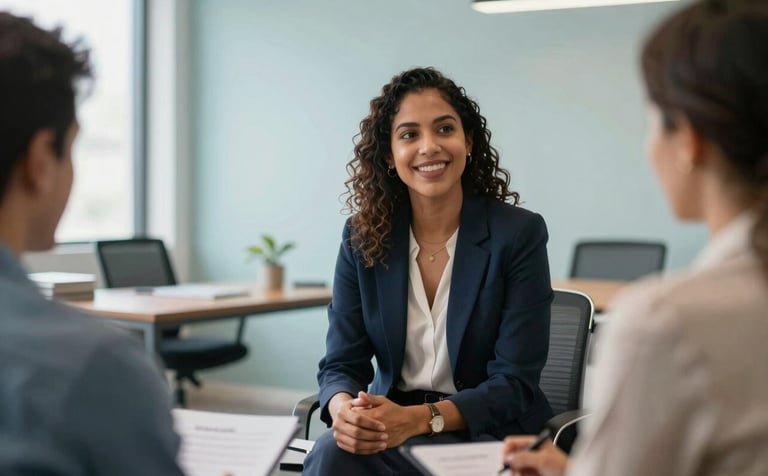 A professional South American individual in a bright, modern office in Brazil, participating in a career counseling session. The lighting is soft and natural, emphasizing a supportive and empowering atmosphere. The colors in the room include soft blue and pale blue accents.