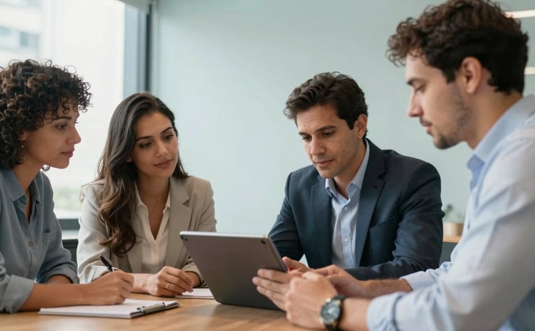 A group of South American professionals in a collaborative meeting space in São Paulo. They are looking at a tablet together, expressing growth and success. The environment is modern, filled with natural light and pale blue tones.
