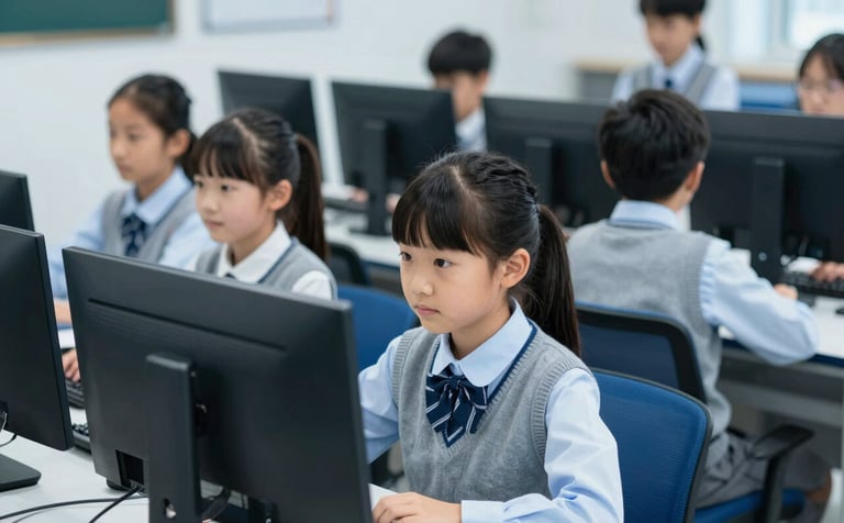 Primary school students in smart school uniforms sitting in a modern computer laboratory. They are looking at monitors with curious and focused expressions. The lighting is crisp and professional, conveying academic excellence. The color palette emphasizes #2B557C and #8FA8B8.