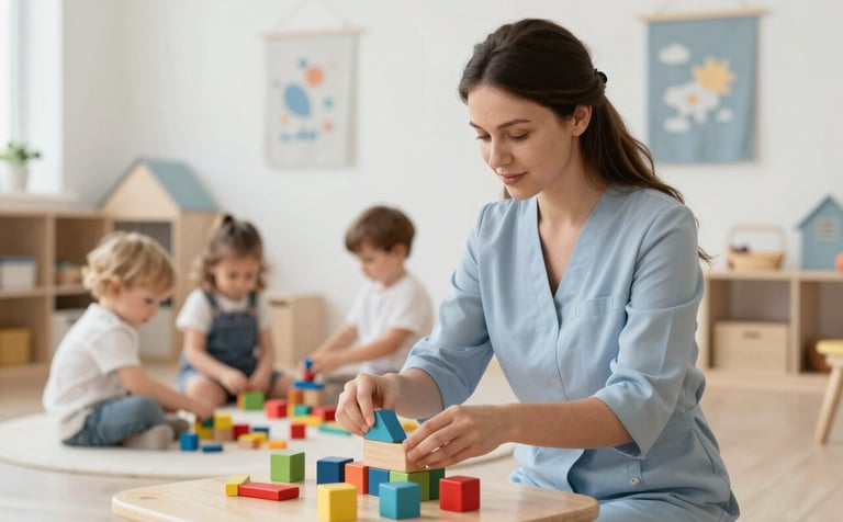 A professional, nurturing playgroup classroom for toddlers. The room is filled with soft light, colorful wooden building blocks, and textile wall hangings. Small children are seen from the side, engaged in play. The atmosphere is warm and premium, incorporating a color palette of #8FA8B8 and #E7EFF4.