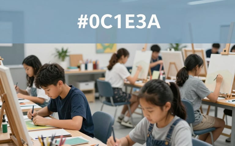 Middle school students in a spacious, professional art studio. Some work on paintings while others explore crafts. The studio is well-organized and inspiring, reflecting a premium holistic education. Mood is creative and focused, featuring #0C1E3A and #8FA8B8.