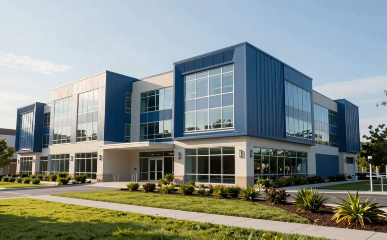 A well-maintained professional office complex in the RTP area, featuring steel blue architectural accents and pristine landscaping under a bright afternoon sun.