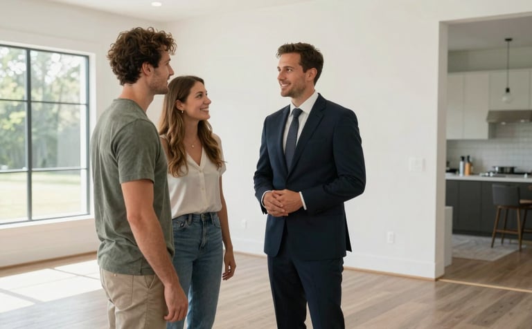 A professional real estate agent in a dark navy suit showing a modern, luxury home in North Carolina to a smiling couple. Bright natural light, soft white walls, and muted taupe hardwood floors.