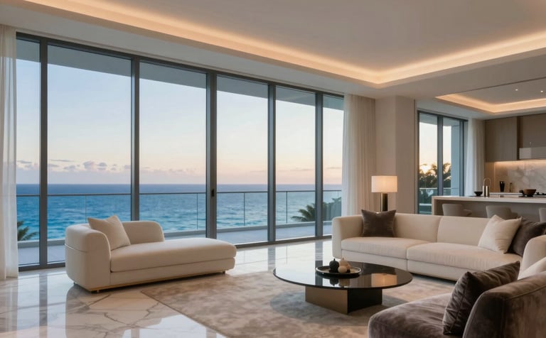 A sophisticated penthouse interior in Palm Beach. Through massive floor-to-ceiling windows, the deep blue Atlantic Ocean is visible under a soft sunset sky. The room features minimalist #F8F4ED furniture, marble flooring, and #0B2F3A velvet accents, creating an atmosphere of quiet, modern elegance and elite living.