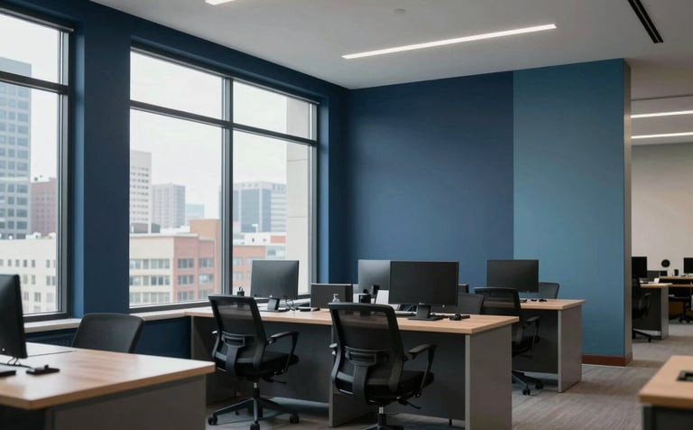 A clean and modern technical support center in a North American / US city. The architecture is sophisticated with large windows and a color scheme of Midnight Navy and Dusty Azure, evoking clarity and trust.