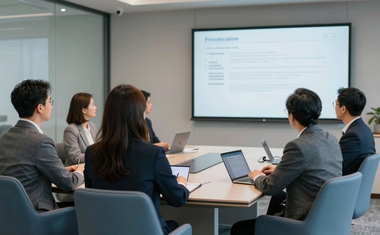 A strategic planning session with professionals in a modern North American / US conference room. Sharp focus on high-quality digital displays and sleek Slate Blue chairs, conveying a reliable and sophisticated brand image.