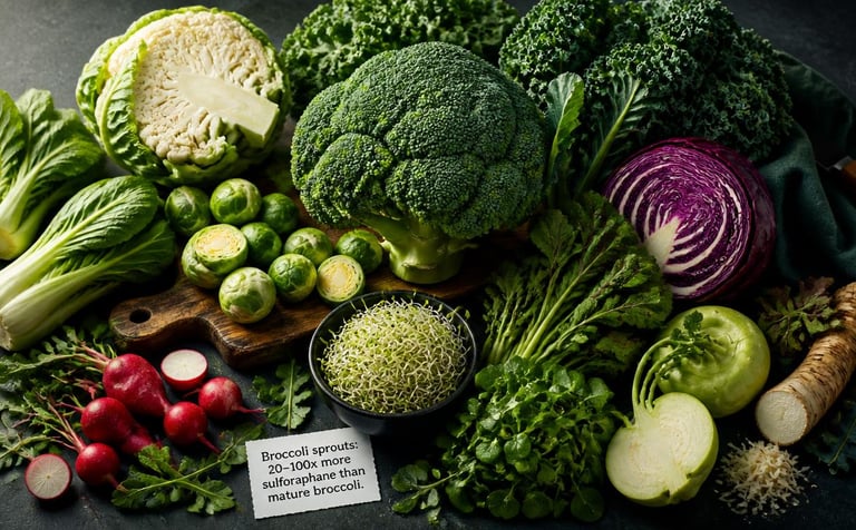 A flat lay of fresh cruciferous vegetables including broccoli, kale, sprouts, and radishes on a dark surface.