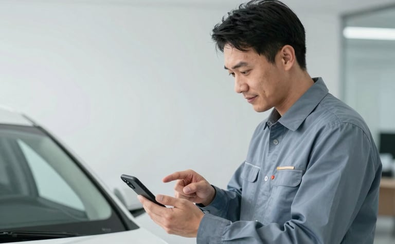 A helpful support specialist in a muted steel blue uniform assisting a driver in a professional, ice white office setting. The specialist is pointing at a smartphone screen, showing a trustworthy and approachable interaction. The lighting is clean and professional.