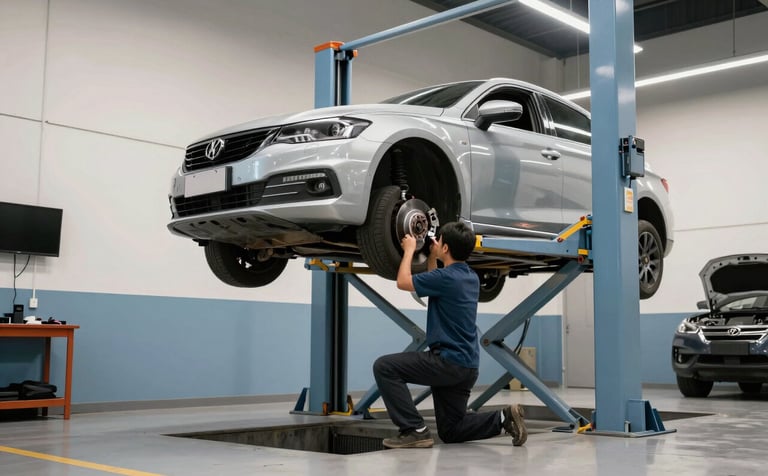 Wide shot of a professional Brazilian automotive service bay. A car is elevated on a lift, with a mechanic inspecting the suspension and brake system. The environment is organized, modern, and clean with light blue and off-white color tones.