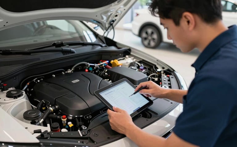 Interior of a high-tech South American automotive center. A technician is using a tablet connected to a modern car's engine bay to perform an electronic diagnostic. Focus on professional precision and advanced technology. Colors include dark blue and off-white.